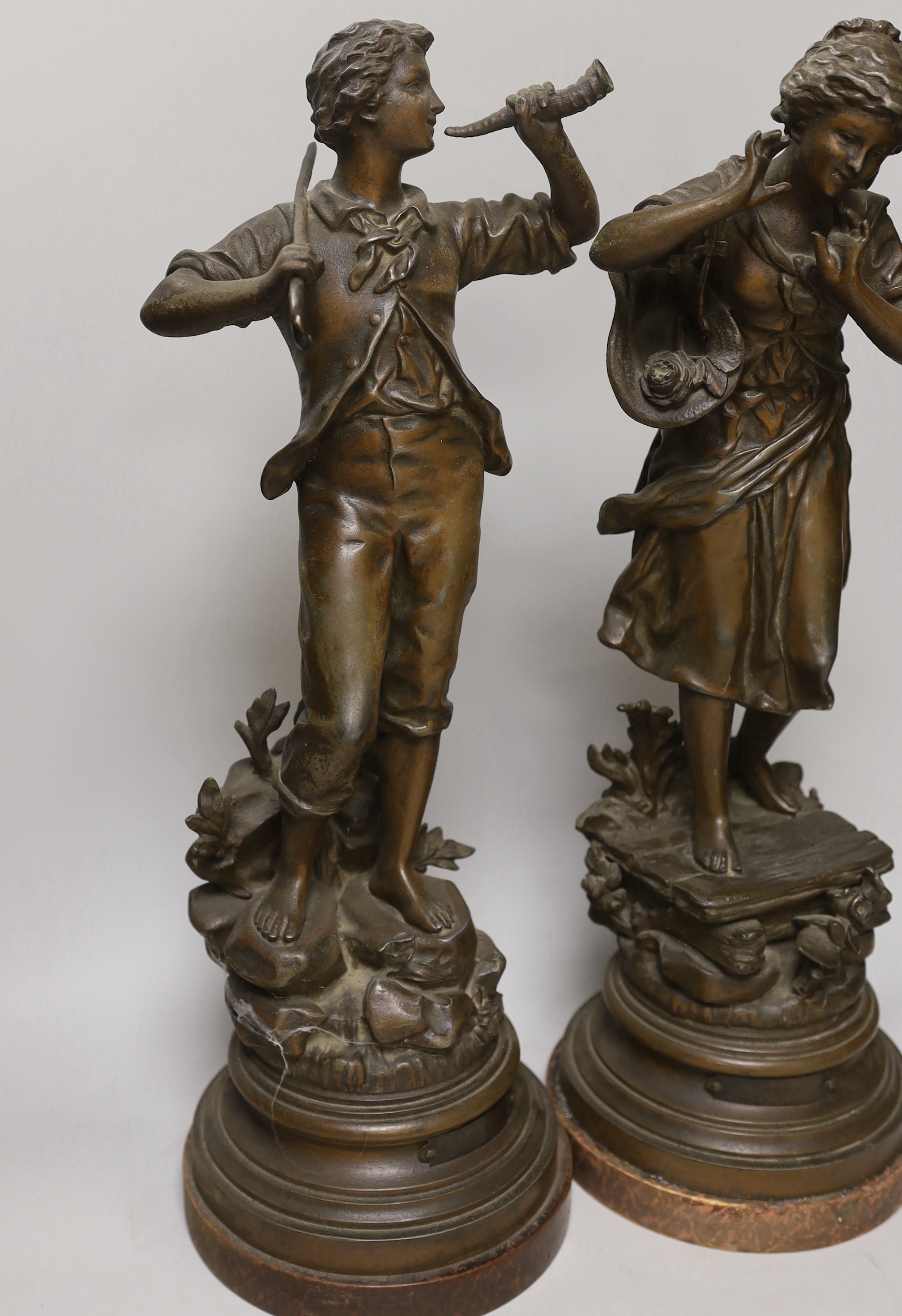 After Ernest Rancoulet (1870-1915). A pair of spelter figurines L’Echo and Le Signal, 50cm
